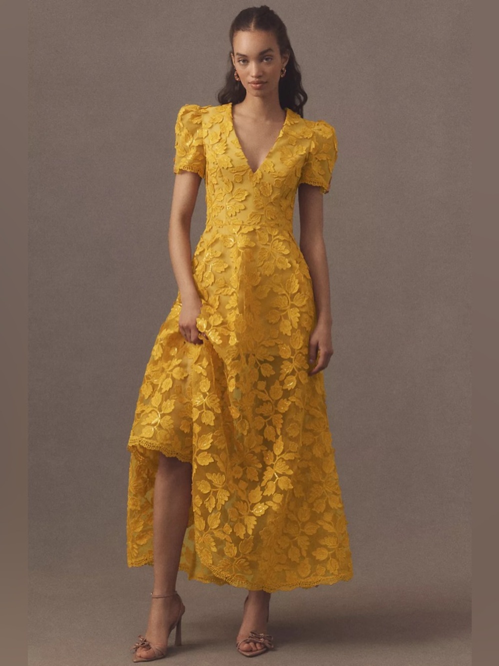 Helsi Clara Puff-Sleeve Sheer Floral Appliqué Maxi Dress yellow Size XS NWT